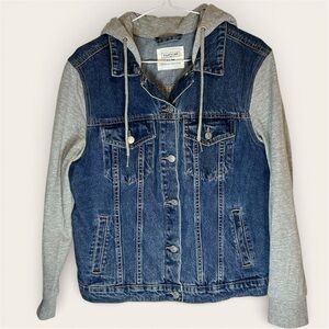 Ardene Blue Denim Jacket w/ Gray Sleeves, Hood & Drawstrings - Size M/M